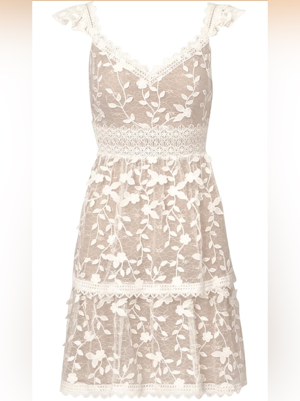 NWT Adrianna Papell Lace Embroidery Flutter Dress Ivory Nude size 12